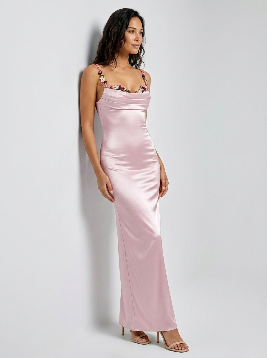 ZAHRA | SATIN FLORAL TRIM GOWN - Blush Pink