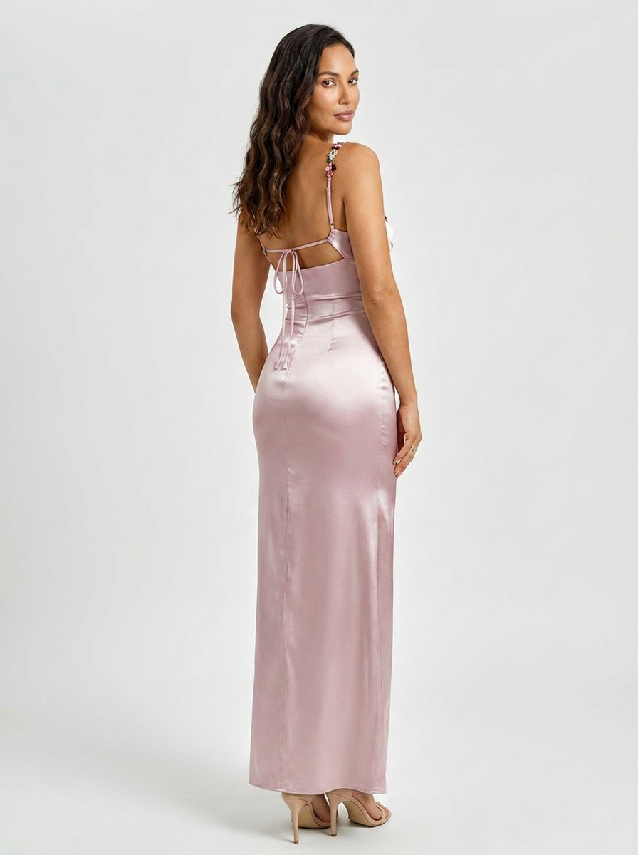 ZAHRA | SATIN FLORAL TRIM GOWN - Blush Pink