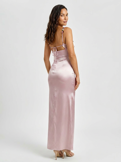 ZAHRA | SATIN FLORAL TRIM GOWN - Blush Pink