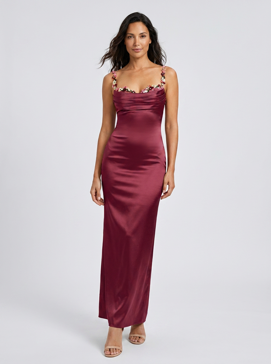 ZAHRA | SATIN FLORAL TRIM GOWN - Burgundy