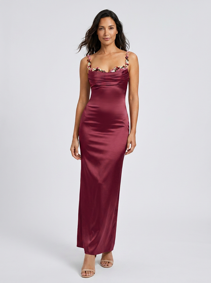 ZAHRA | SATIN FLORAL TRIM GOWN - Burgundy
