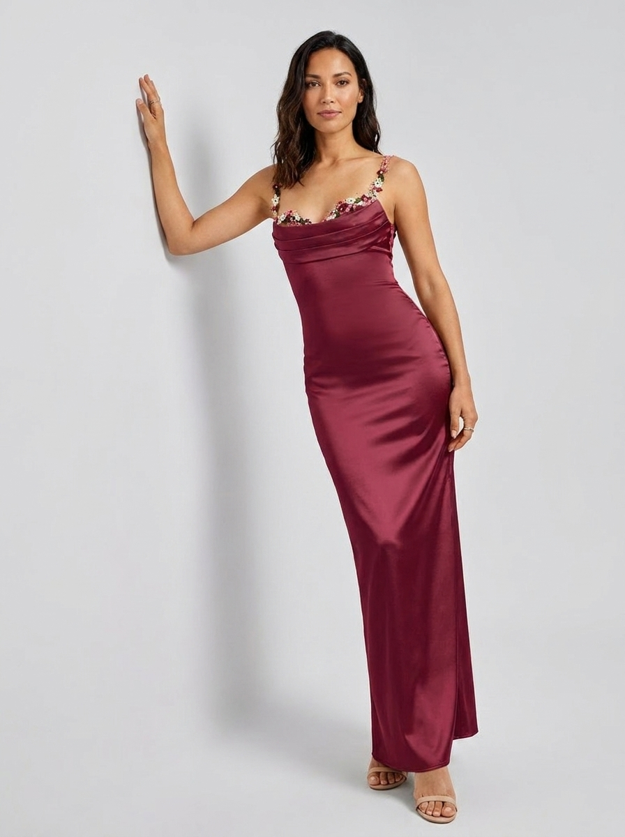 ZAHRA | SATIN FLORAL TRIM GOWN - Burgundy