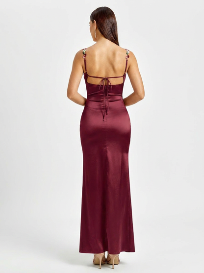 ZAHRA | SATIN FLORAL TRIM GOWN - Burgundy