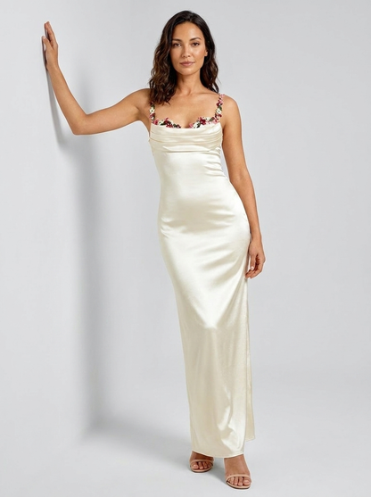 ZAHRA | SATIN FLORAL TRIM GOWN - Ivory