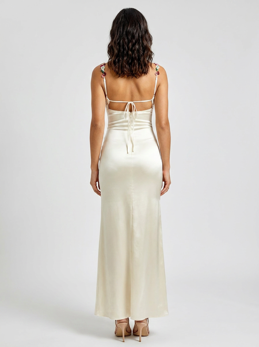 ZAHRA | SATIN FLORAL TRIM GOWN - Ivory