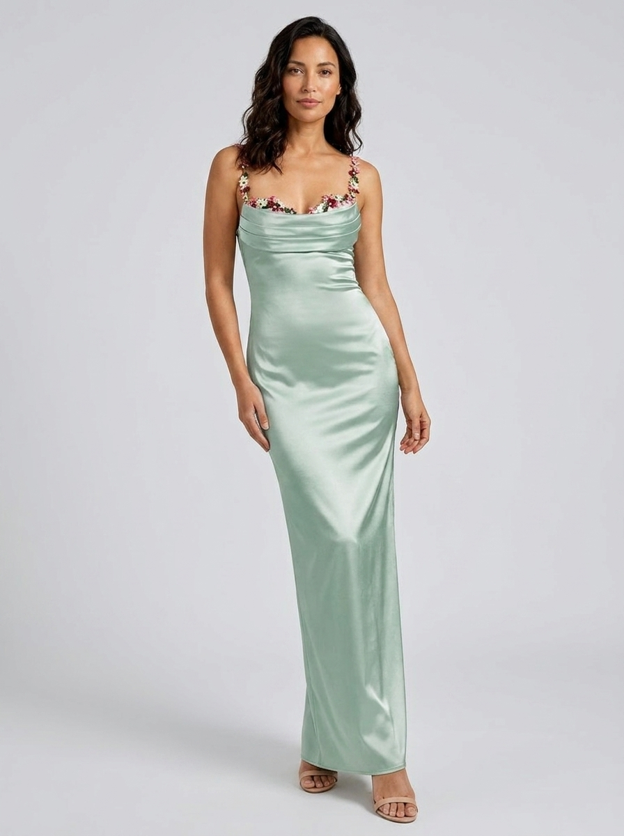 ZAHRA | SATIN FLORAL TRIM GOWN - Sage