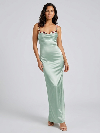ZAHRA | SATIN FLORAL TRIM GOWN - Sage