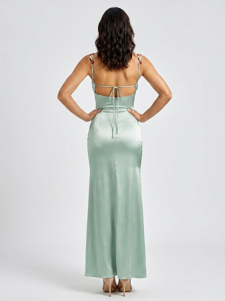 ZAHRA | SATIN FLORAL TRIM GOWN - Sage