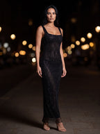 ZAMIRA | RHINESTONE SQUARE NECK MAXI DRESS - Black