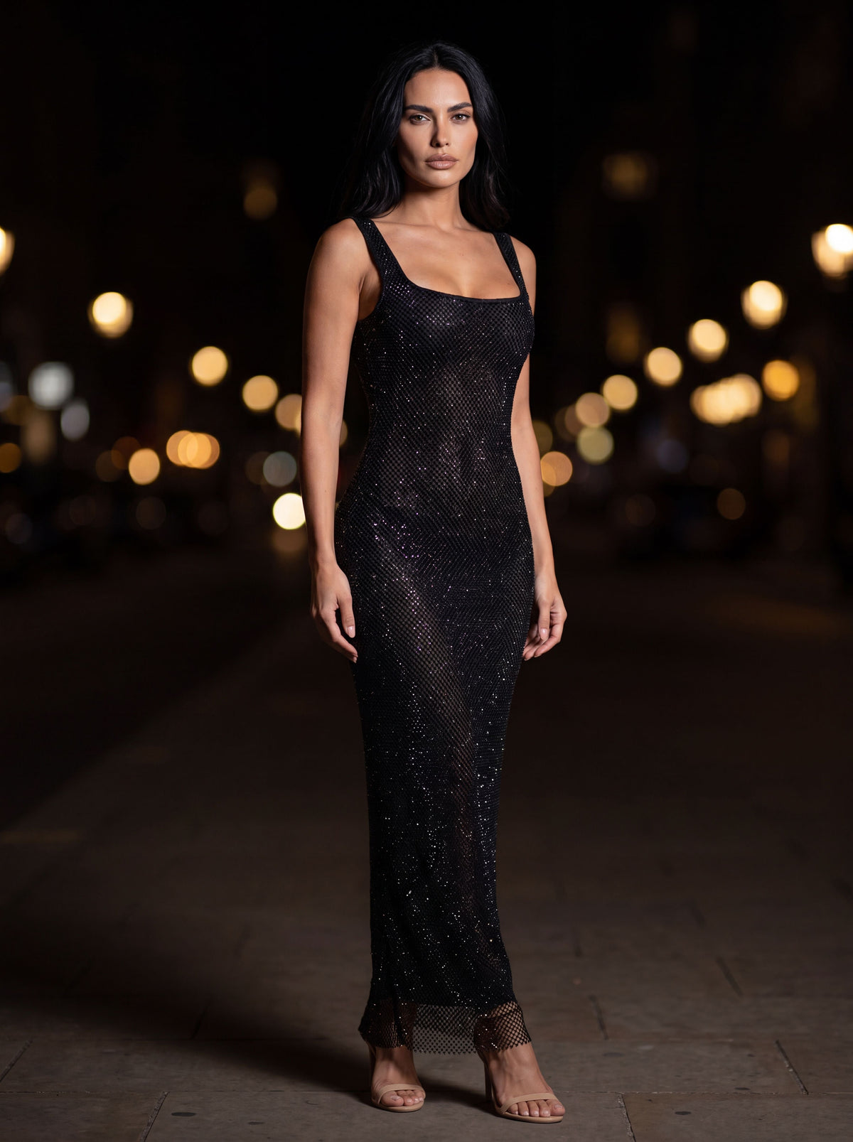 ZAMIRA | RHINESTONE SQUARE NECK MAXI DRESS - Black