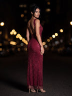 ZAMIRA | RHINESTONE SQUARE NECK MAXI DRESS - Burgundy