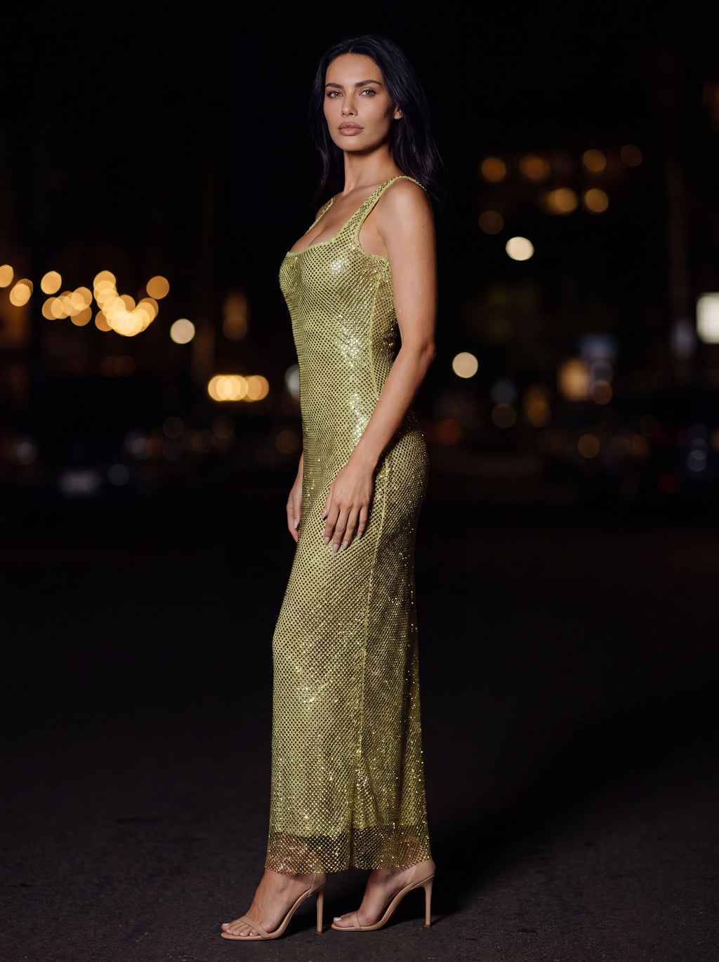 ZAMIRA | RHINESTONE SQUARE NECK MAXI DRESS - Olive Green