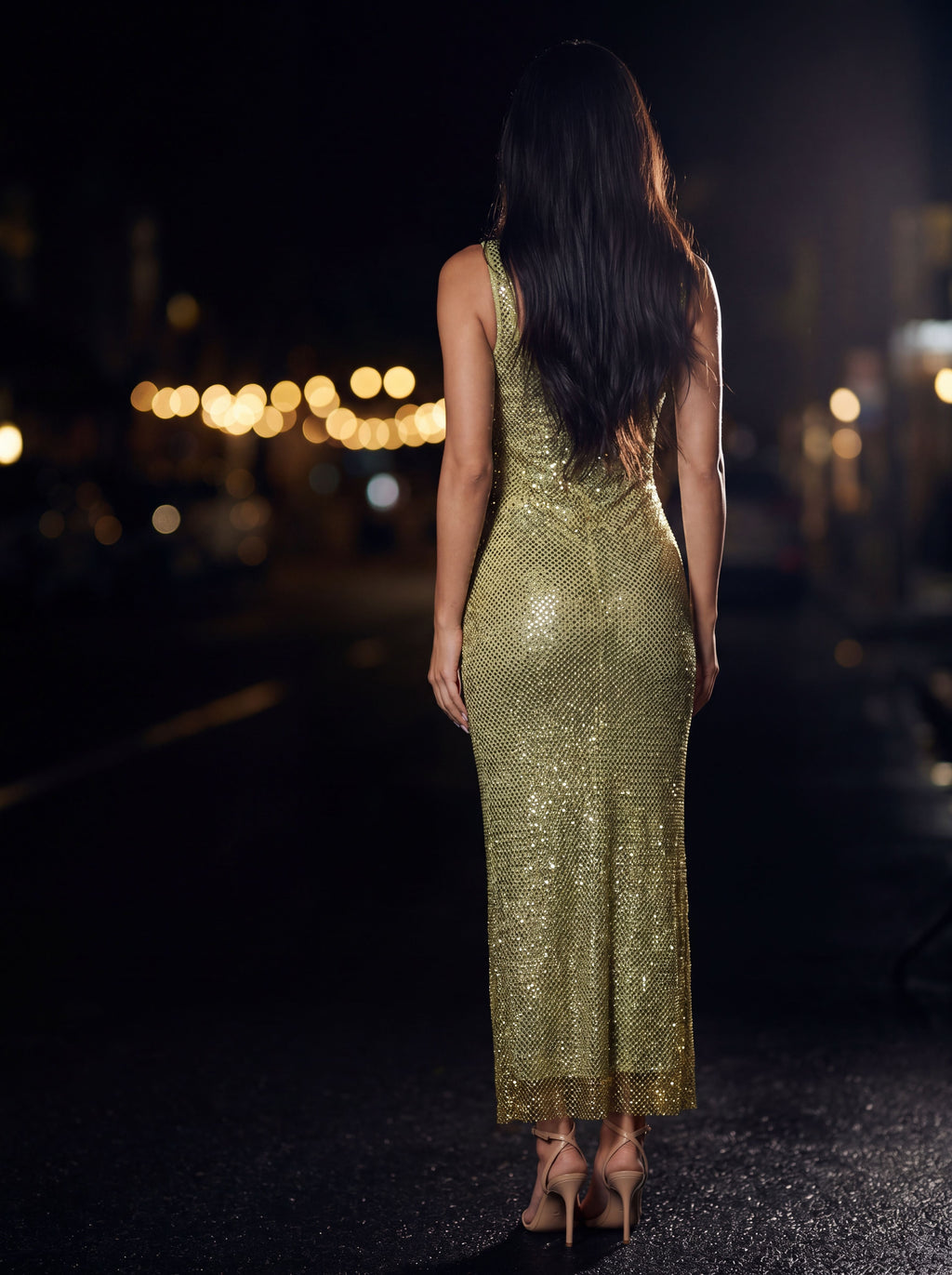 ZAMIRA | RHINESTONE SQUARE NECK MAXI DRESS - Olive Green