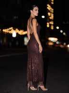 ZAMIRA | RHINESTONE SQUARE NECK MAXI DRESS - Plum Brown