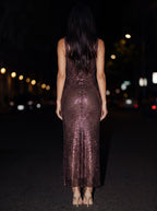ZAMIRA | RHINESTONE SQUARE NECK MAXI DRESS - Plum Brown