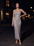 ZAMIRA | RHINESTONE SQUARE NECK MAXI DRESS - Silver