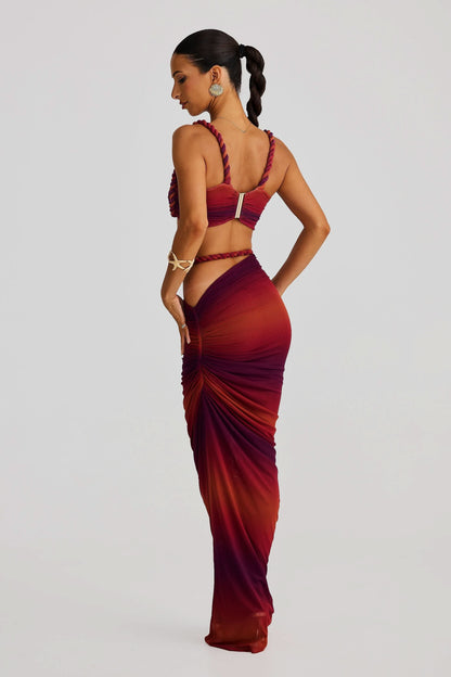 Back view of burgundy ombre maxi set showing rope trim and ruching