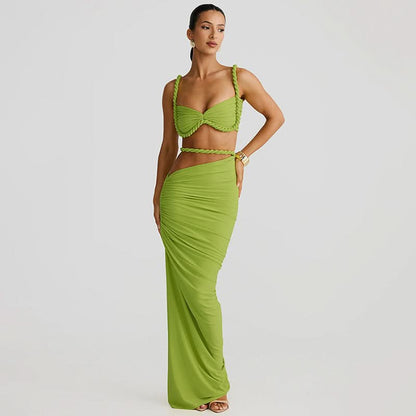 Lime green ruched maxi dress set with twisted crop top and rope trim detail