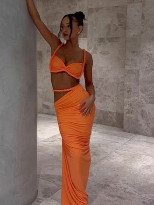 Bright orange ruched two-piece maxi dress set with sweetheart neckline