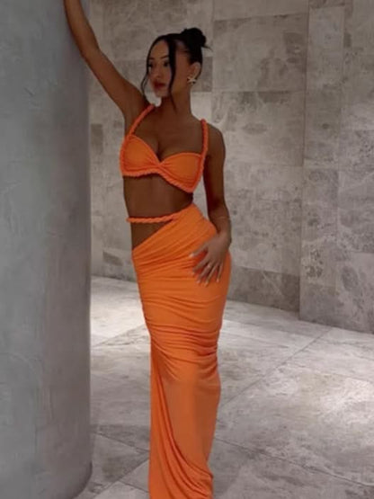 Bright orange ruched two-piece maxi dress set with sweetheart neckline