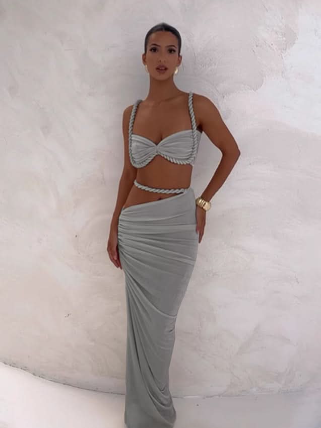 Silver gray ruched maxi dress set with rope trim and sweetheart crop top