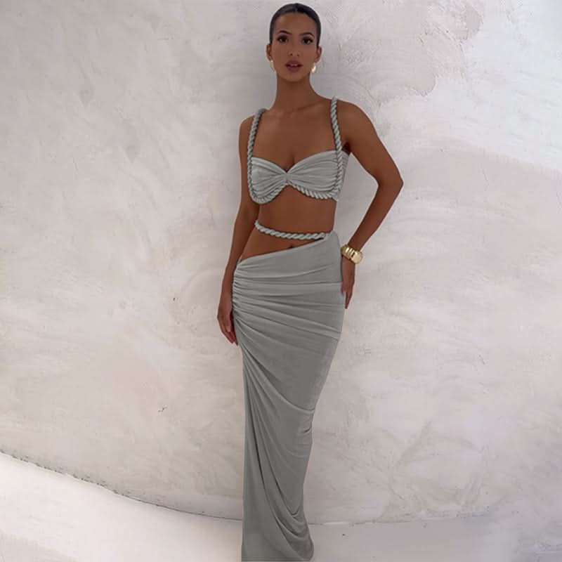 Gray ruched two-piece maxi dress set with twisted crop top and rope straps