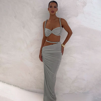 Gray ruched two-piece maxi dress set with twisted crop top and rope straps
