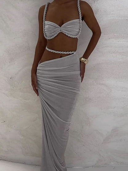 Silver ruched maxi dress set with rope-trimmed sweetheart bikini top detail