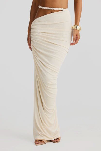 Cream ruched maxi skirt with rope waistband detail, side view