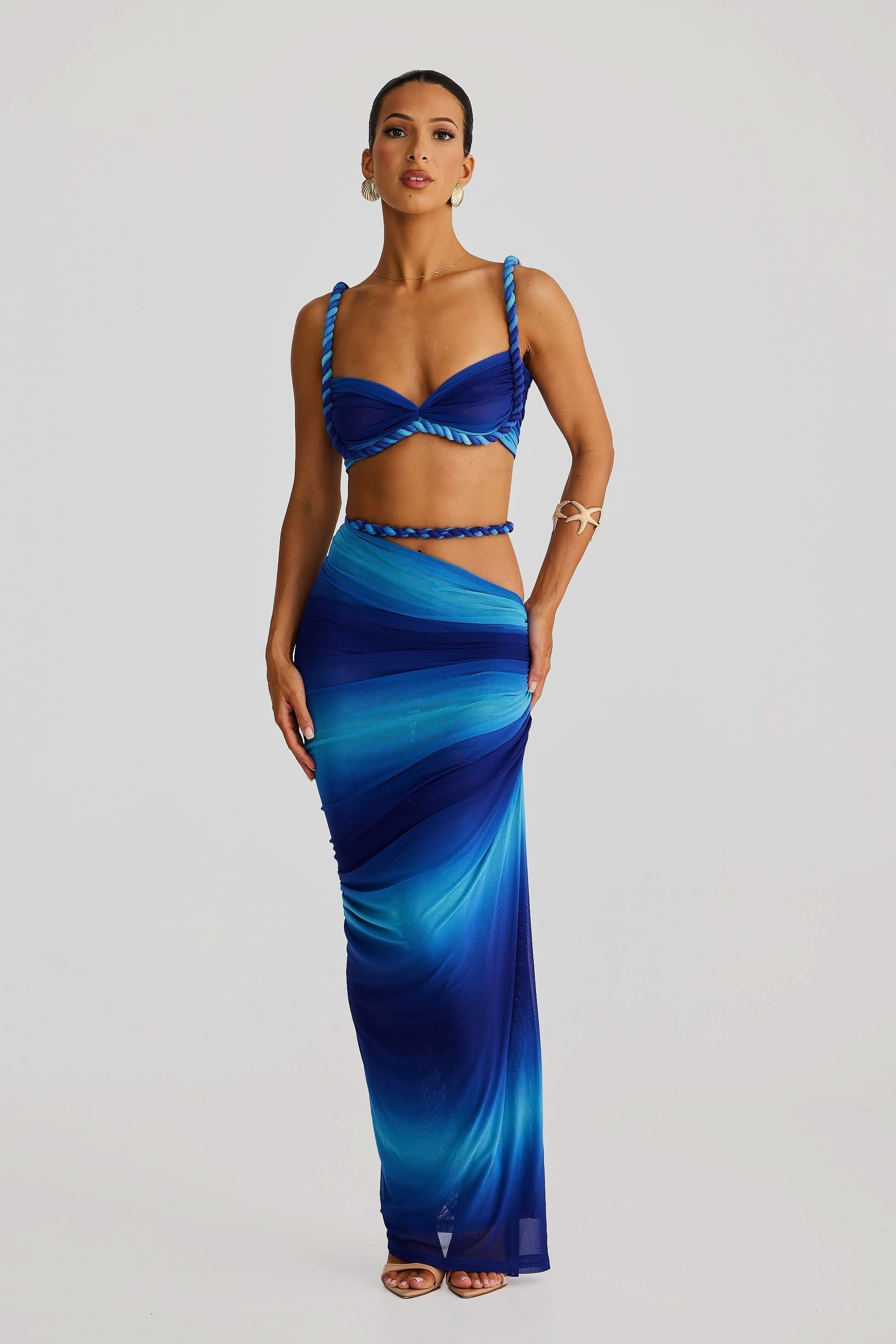 Blue ombre maxi set with twisted bandeau top and rope straps