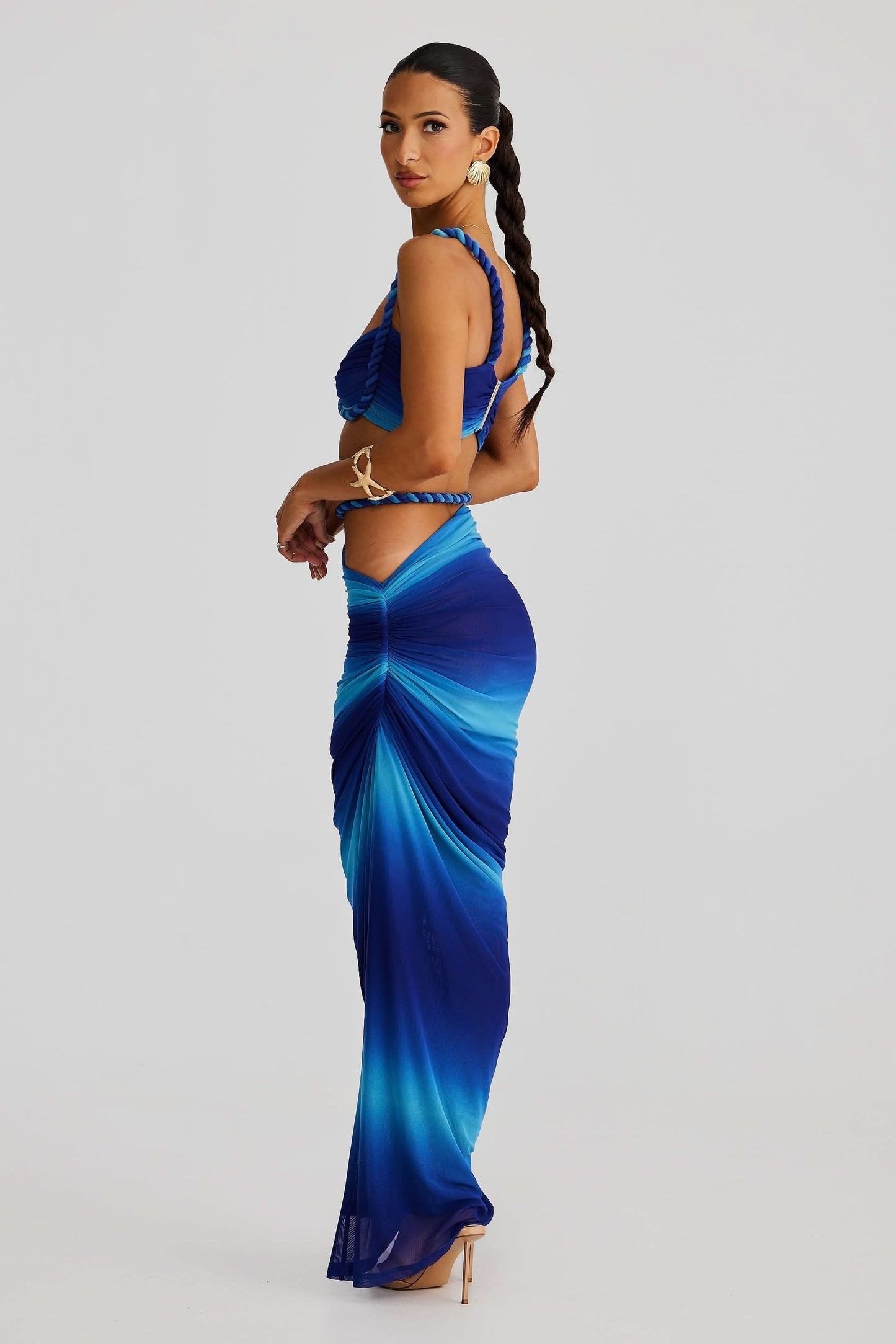 Back view of blue ombre maxi set with rope-trimmed bandeau