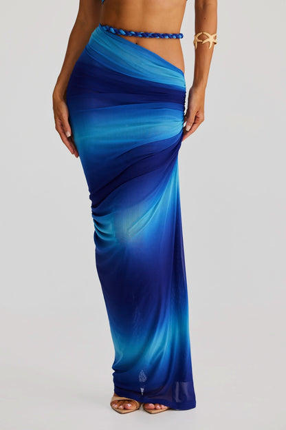 Blue ombre ruched maxi skirt with rope waistband, side view