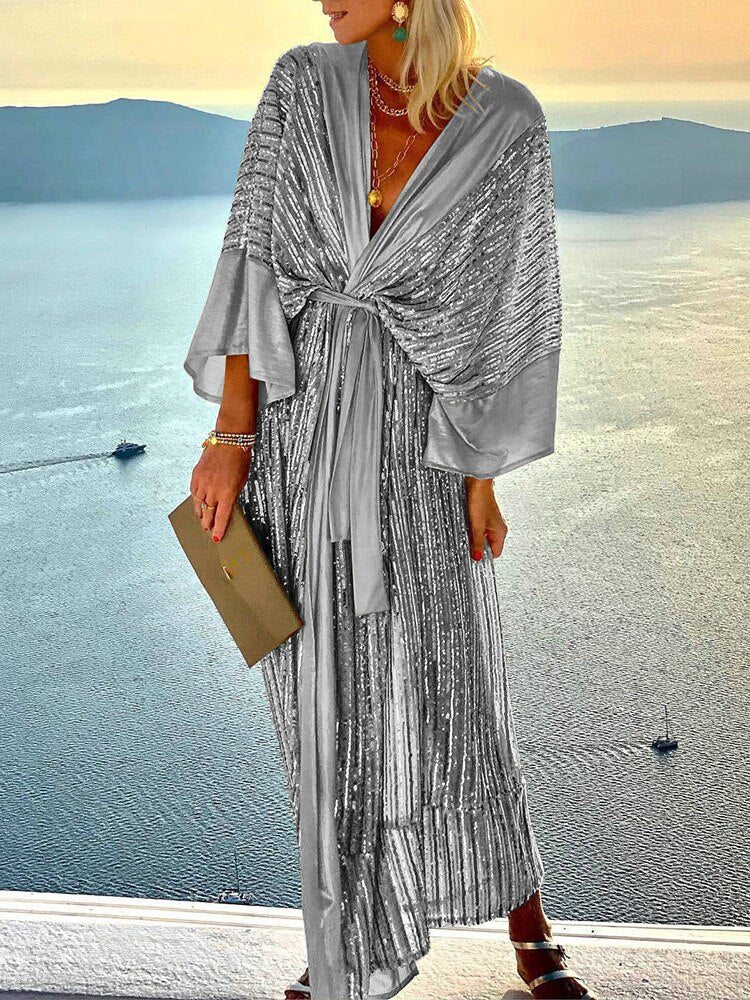 ZEPHYRINE | METALLIC PLEATED WRAP MAXI DRESS - Silver