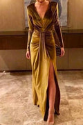 ZUZANA | RUCHED VELVET SLIT MAXI DRESS - Gold