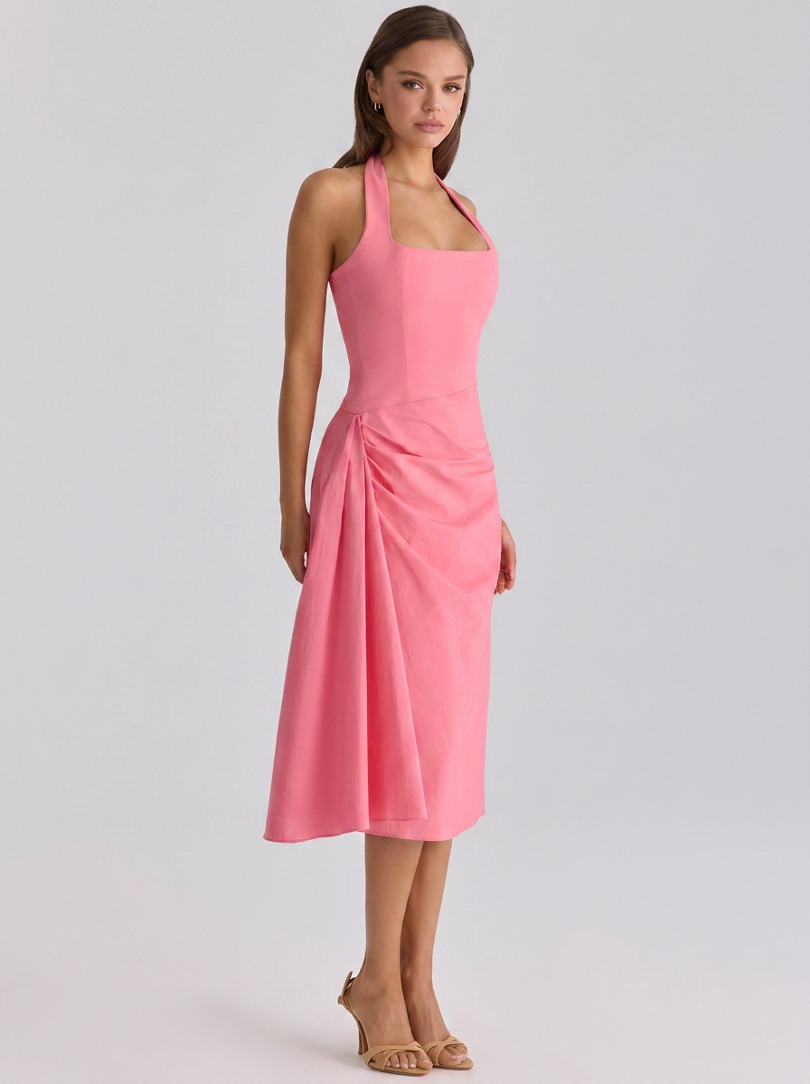 XIMENA | RUCHED HALTER MIDI DRESS