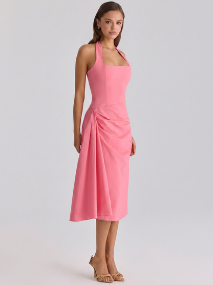 XIMENA | RUCHED HALTER MIDI DRESS