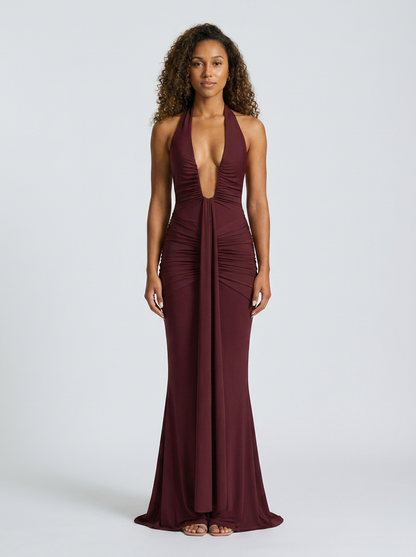 FIONA | RUCHED PLUNGE MAXI DRESS - Burgundy
