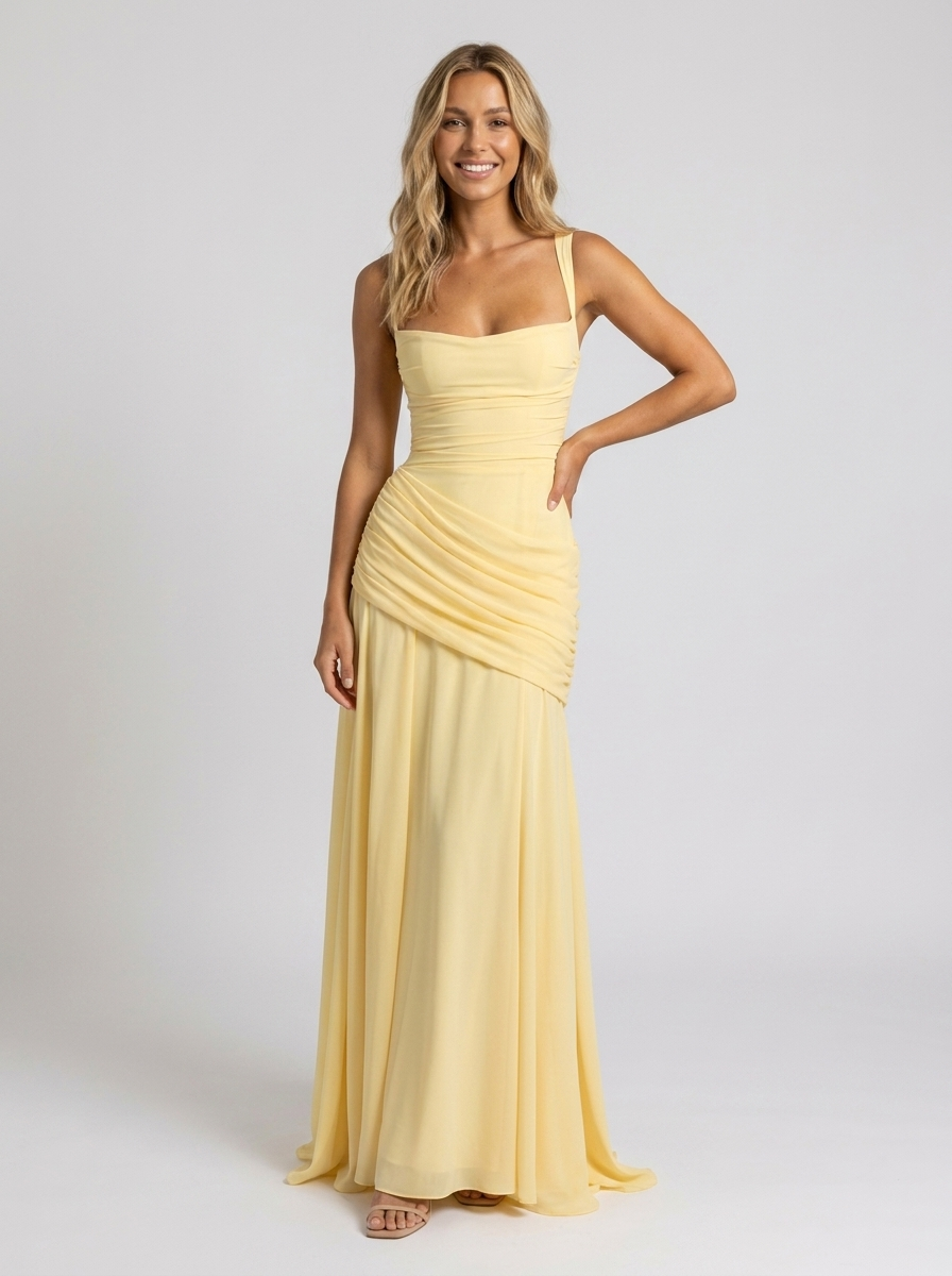ELODIE | PLEATED V MAXI DRESS - Yellow