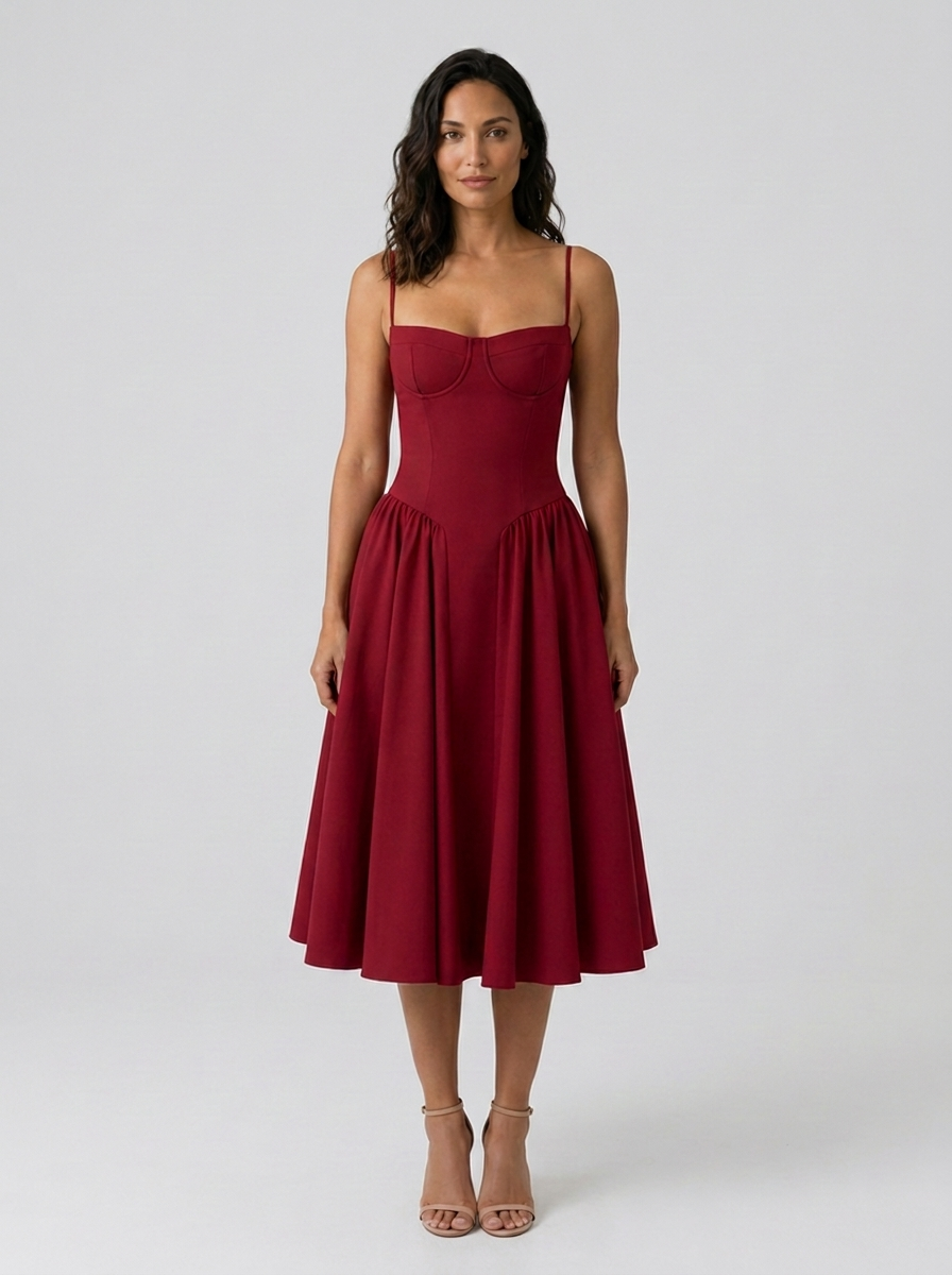 ELIANA | BUSTIER SWEETHEART MIDI DRESS - Red