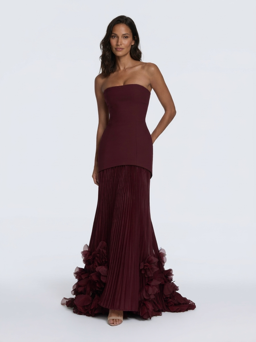 JOELLE | FLORAL PLEATED MAXI DRESS - Cherry Lacquer