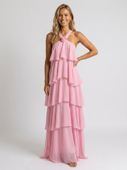 NOOR | TIERED HALTER MAXI DRESS - Pink