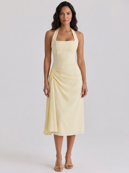 XIMENA | RUCHED HALTER MIDI DRESS - Lemon