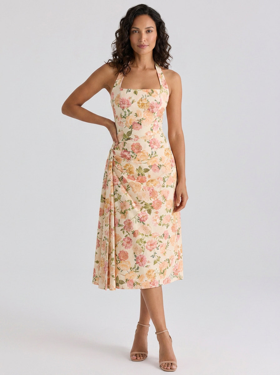 XIMENA | RUCHED HALTER MIDI DRESS - Sunset Floral