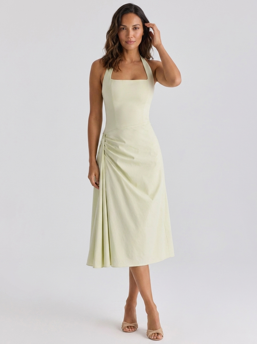 XIMENA | RUCHED HALTER MIDI DRESS - Lime Green