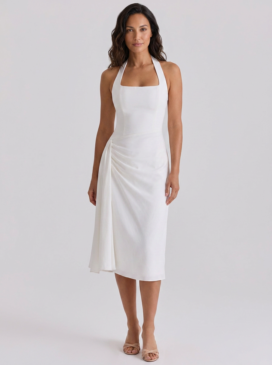 XIMENA | RUCHED HALTER MIDI DRESS