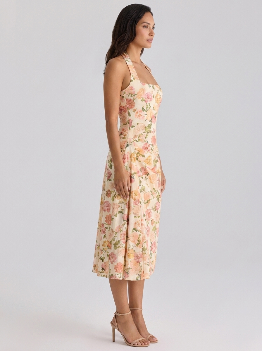 XIMENA | RUCHED HALTER MIDI DRESS