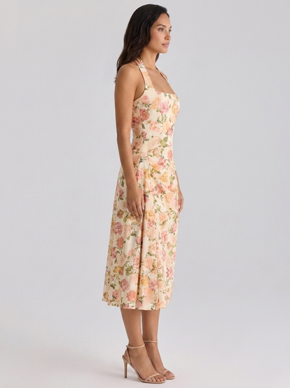 XIMENA | RUCHED HALTER MIDI DRESS
