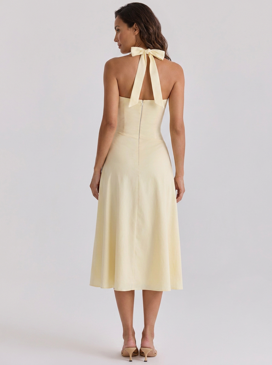 XIMENA | RUCHED HALTER MIDI DRESS