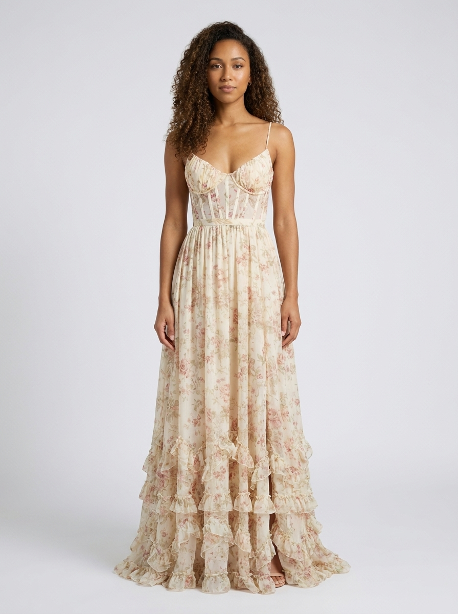 AURELIA | FLORAL BUSTIER MAXI DRESS - Champagne Blush