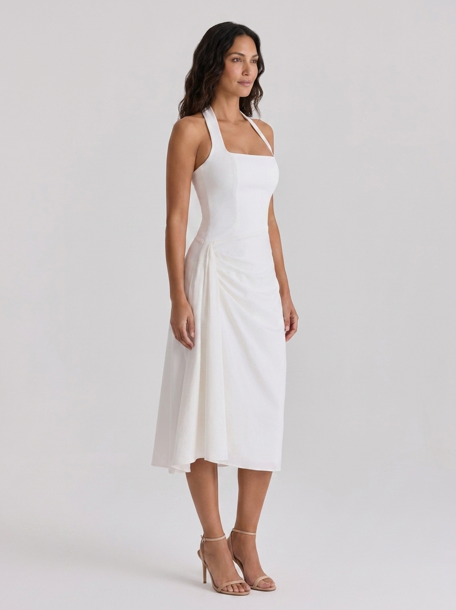 XIMENA | RUCHED HALTER MIDI DRESS